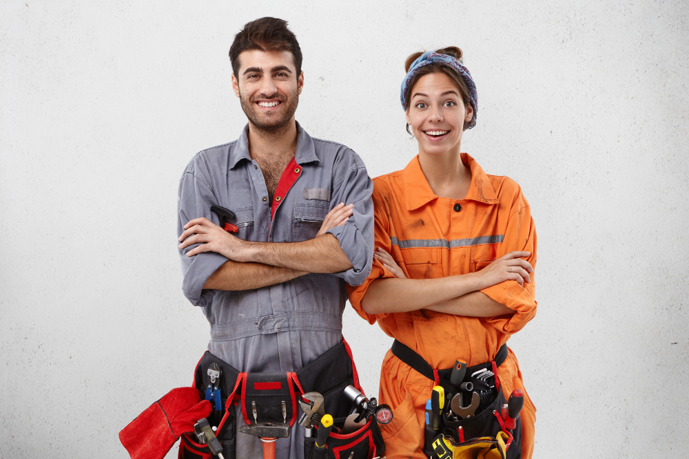 content female and male technicians in special uniform keep hands folded as wait for instruction from work superintendent or foreman 1